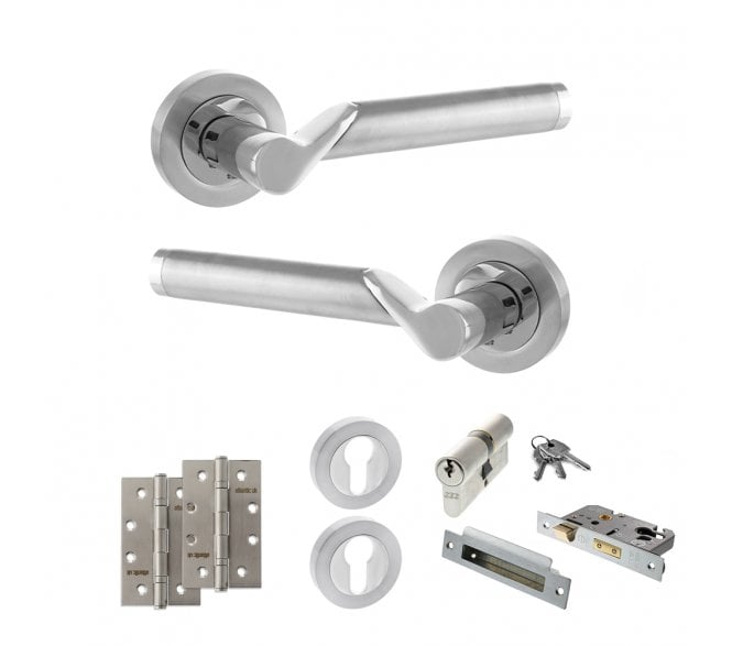 STATUS Hawaii Door Handle Euro Profile Lock Pack (4 Slim Knuckle Hinges x2) - Satin Chrome/Polished Chrome