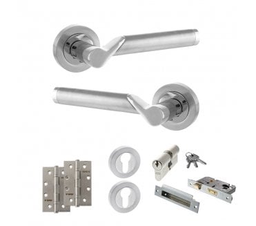 STATUS Hawaii Door Handle Euro Profile Lock Pack (4 Slim Knuckle Hinges x2) - Satin Chrome/Polished Chrome