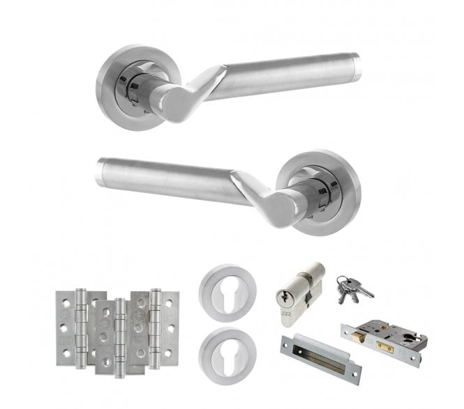 STATUS Hawaii Door Handle Euro Profile Lock Pack (3 Ball Bearing Hinges x3) - Satin Chrome/Polished Chrome