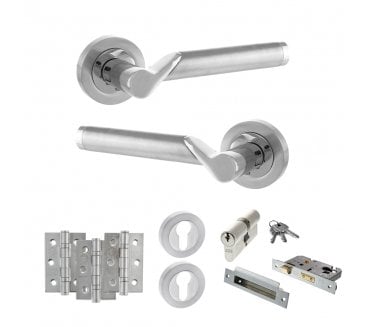 STATUS Hawaii Door Handle Euro Profile Lock Pack (3 Ball Bearing Hinges x3) - Satin Chrome/Polished Chrome