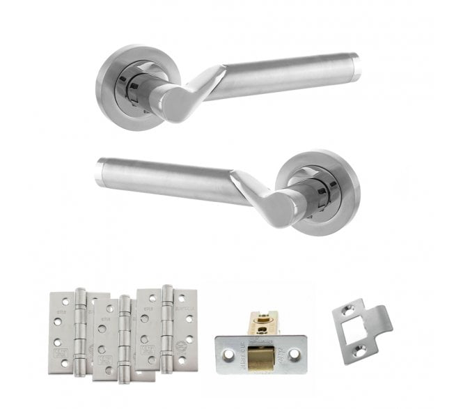 STATUS Hawaii Door Handle Latch Pack (4 Fire Rated Hinges x3) - Satin Chrome/Polished Chrome