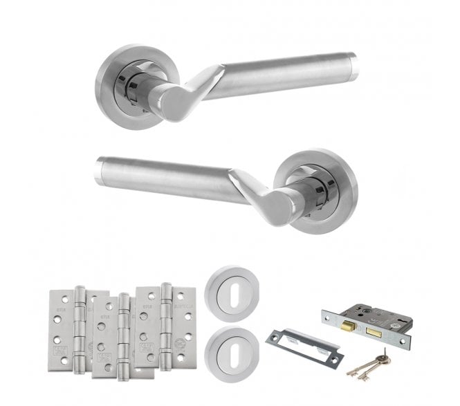 STATUS Hawaii Door Handle Lock Pack (4 Fire Rated Hinges x3) - Satin Chrome/Polished Chrome