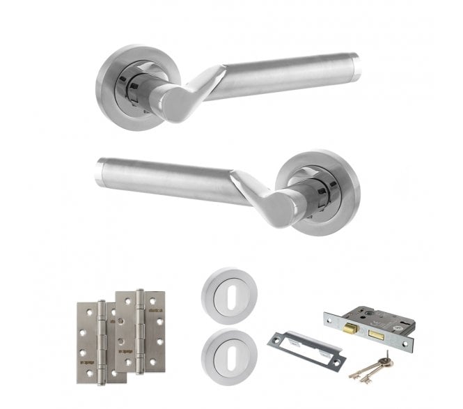 STATUS Hawaii Door Handle Lock Pack (4 Slim Knuckle Hinges x2) - Satin Chrome/Polished Chrome