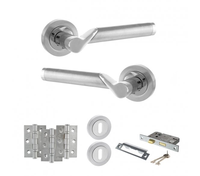 STATUS Hawaii Door Handle Lock Pack (3 Ball Bearing Hinges x3) - Satin Chrome/Polished Chrome
