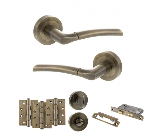 STATUS Indiana Door Handle Bathroom Pack (4 Fire Rated Hinges x3) - Antique Brass
