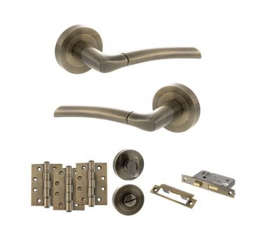 STATUS Indiana Door Handle Bathroom Pack (4 Fire Rated Hinges x3) - Antique Brass