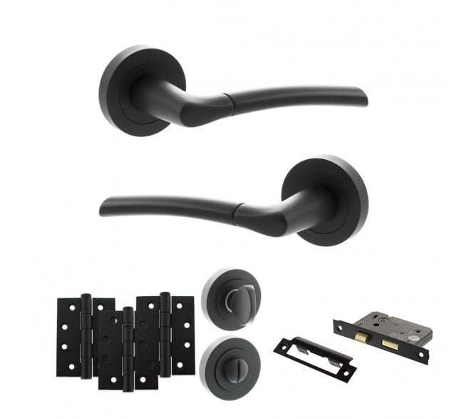STATUS Indiana Door Handle Bathroom Pack (4 Fire Rated Hinges x3) - Matt Black