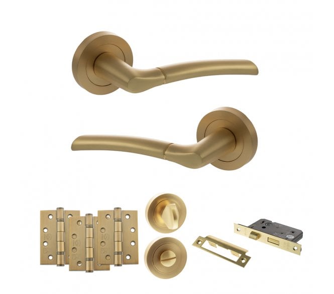STATUS Indiana Door Handle Bathroom Pack (4 Fire Rated Hinges x3) - Satin Brass