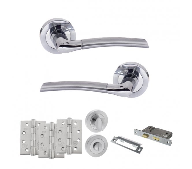 STATUS Indiana Door Handle Bathroom Pack (4 Fire Rated Hinges x3) - Satin Chrome/Polished Chrome