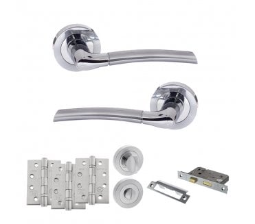 STATUS Indiana Door Handle Bathroom Pack (4 Fire Rated Hinges x3) - Satin Chrome/Polished Chrome
