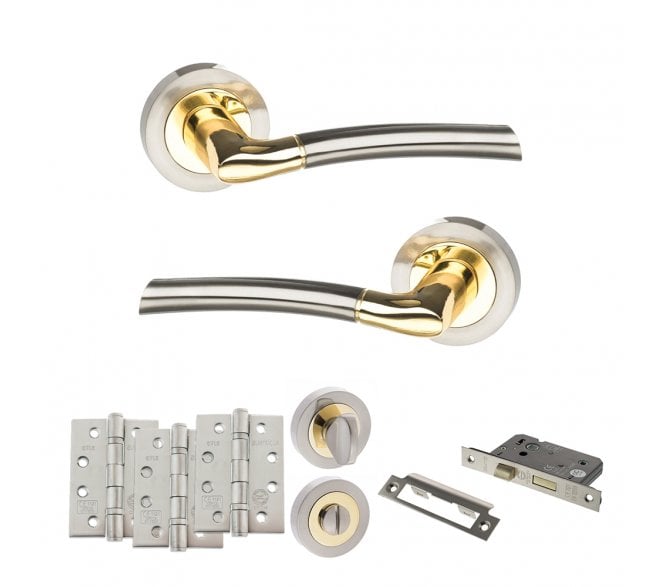 STATUS Indiana Door Handle Bathroom Pack (4 Fire Rated Hinges x3) - Satin Nickel/Polished Brass