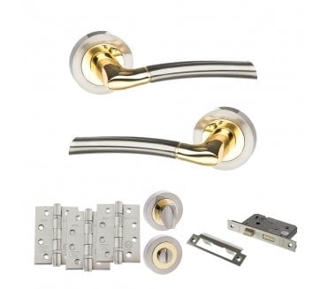 STATUS Indiana Door Handle Bathroom Pack (4 Fire Rated Hinges x3) - Satin Nickel/Polished Brass