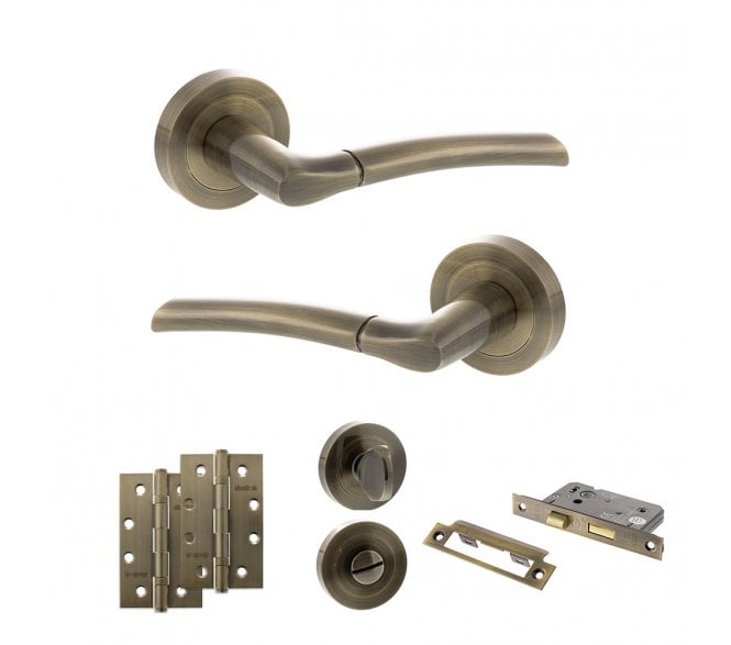 STATUS Indiana Door Handle Bathroom Pack (4 Slim Knuckle Hinges x2) - Antique Brass
