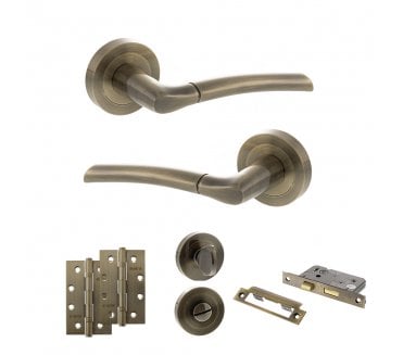 STATUS Indiana Door Handle Bathroom Pack (4 Slim Knuckle Hinges x2) - Antique Brass