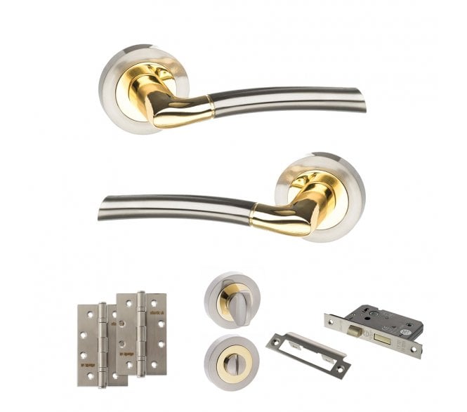 STATUS Indiana Door Handle Bathroom Pack (4 Slim Knuckle Hinges x2) - Satin Nickel/Polished Brass