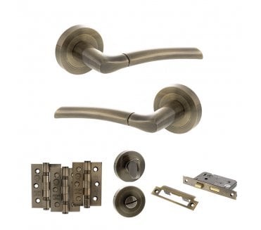 STATUS Indiana Door Handle Bathroom Pack (3 Ball Bearing Hinges x3) - Antique Brass