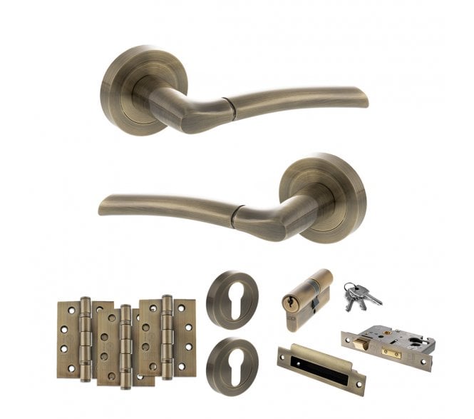 STATUS Indiana Door Handle Euro Profile Lock Pack (4 Fire Rated Hinges x3) - Antique Brass