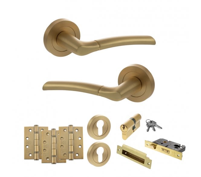 STATUS Indiana Door Handle Euro Profile Lock Pack (4 Fire Rated Hinges x3) - Satin Brass