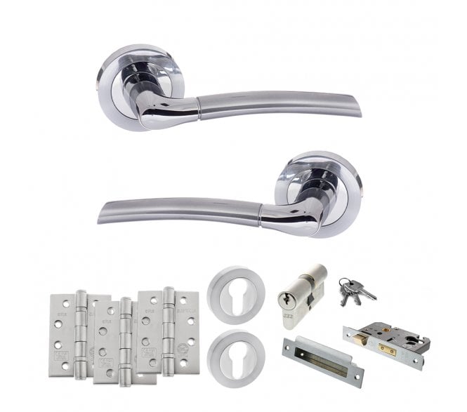 STATUS Indiana Door Handle Euro Profile Lock Pack (4 Fire Rated Hinges x3) - Satin Chrome/Polished Chrome