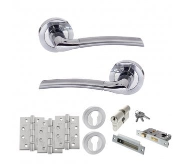STATUS Indiana Door Handle Euro Profile Lock Pack (4 Fire Rated Hinges x3) - Satin Chrome/Polished Chrome