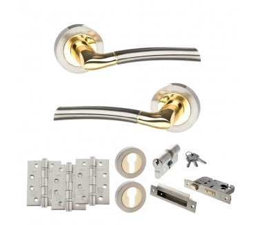 STATUS Indiana Door Handle Euro Profile Lock Pack (4 Fire Rated Hinges x3) - Satin Nickel/Polished Brass