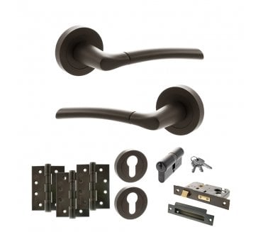 STATUS Indiana Door Handle Euro Profile Lock Pack (4 Fire Rated Hinges x3) - Urban Dark Bronze