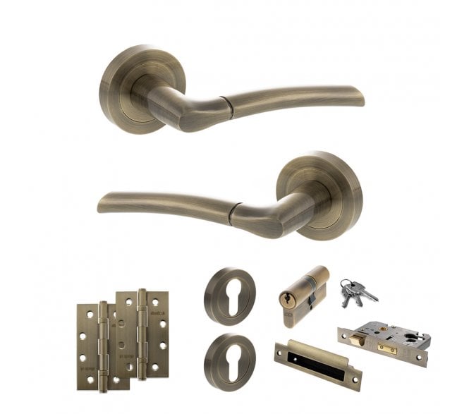 STATUS Indiana Door Handle Euro Profile Lock Pack (4 Slim Knuckle Hinges x2) - Antique Brass