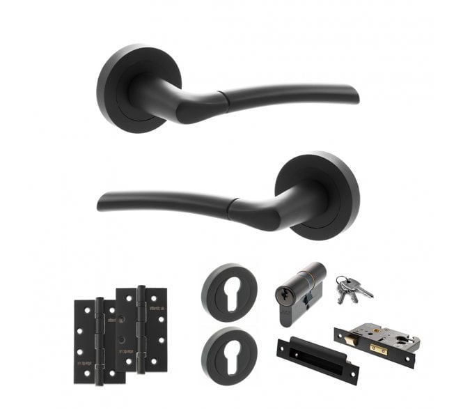 STATUS Indiana Door Handle Euro Profile Lock Pack (4 Slim Knuckle Hinges x2) - Matt Black