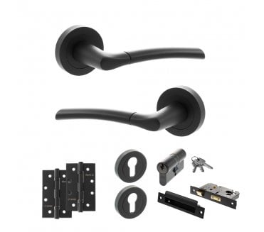 STATUS Indiana Door Handle Euro Profile Lock Pack (4 Slim Knuckle Hinges x2) - Matt Black