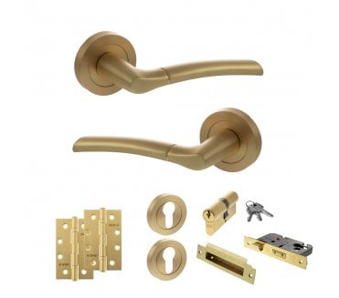 STATUS Indiana Door Handle Euro Profile Lock Pack (4 Slim Knuckle Hinges x2) - Satin Brass