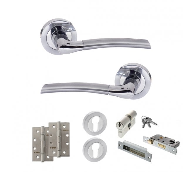 STATUS Indiana Door Handle Euro Profile Lock Pack (4 Slim Knuckle Hinges x3) - Satin Chrome/Polished Chrome