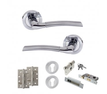 STATUS Indiana Door Handle Euro Profile Lock Pack (4 Slim Knuckle Hinges x3) - Satin Chrome/Polished Chrome