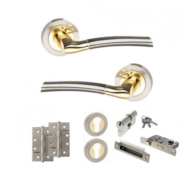 STATUS Indiana Door Handle Euro Profile Lock Pack (4 Slim Knuckle Hinges x3) - Satin Nickel/Polished Brass