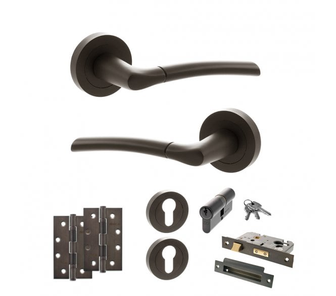 STATUS Indiana Door Handle Euro Profile Lock Pack (4 Slim Knuckle Hinges x3) - Urban Dark Bronze