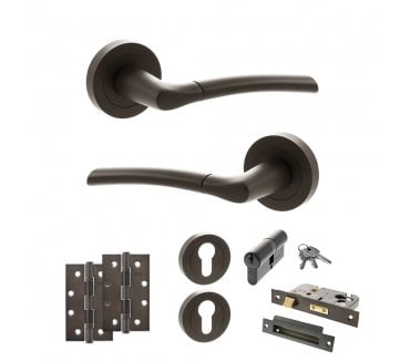 STATUS Indiana Door Handle Euro Profile Lock Pack (4 Slim Knuckle Hinges x3) - Urban Dark Bronze