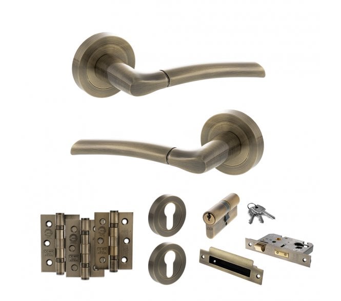 STATUS Indiana Door Handle Euro Profile Lock Pack (3 Ball Bearing Hinges x3) - Antique Brass