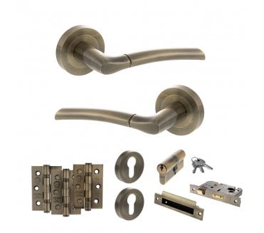 STATUS Indiana Door Handle Euro Profile Lock Pack (3 Ball Bearing Hinges x3) - Antique Brass