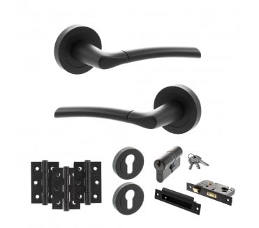 STATUS Indiana Door Handle Euro Profile Lock Pack (3 Ball Bearing Hinges x3) - Matt Black