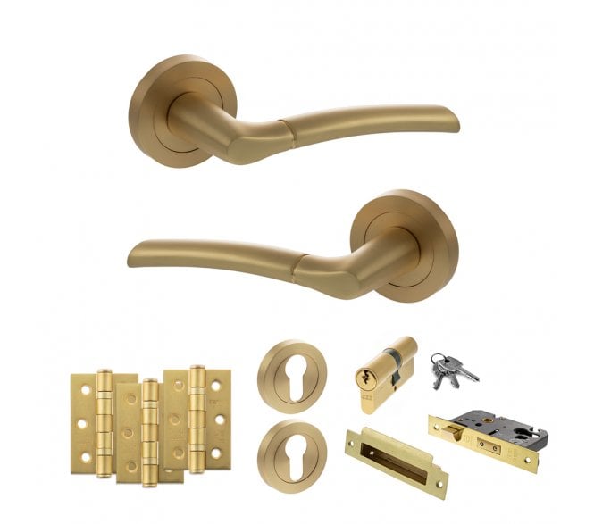 STATUS Indiana Door Handle Euro Profile Lock Pack (3 Ball Bearing Hinges x3) - Satin Brass