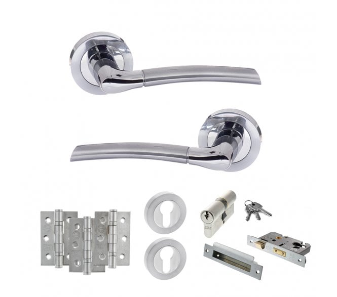 STATUS Indiana Door Handle Euro Profile Lock Pack (3 Ball Bearing Hinges x3) - Satin Chrome/Polished Chrome