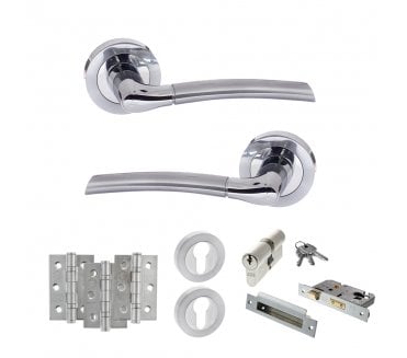 STATUS Indiana Door Handle Euro Profile Lock Pack (3 Ball Bearing Hinges x3) - Satin Chrome/Polished Chrome