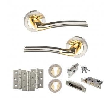 STATUS Indiana Door Handle Euro Profile Lock Pack (3 Ball Bearing Hinges x3) - Satin Nickel/Polished Brass