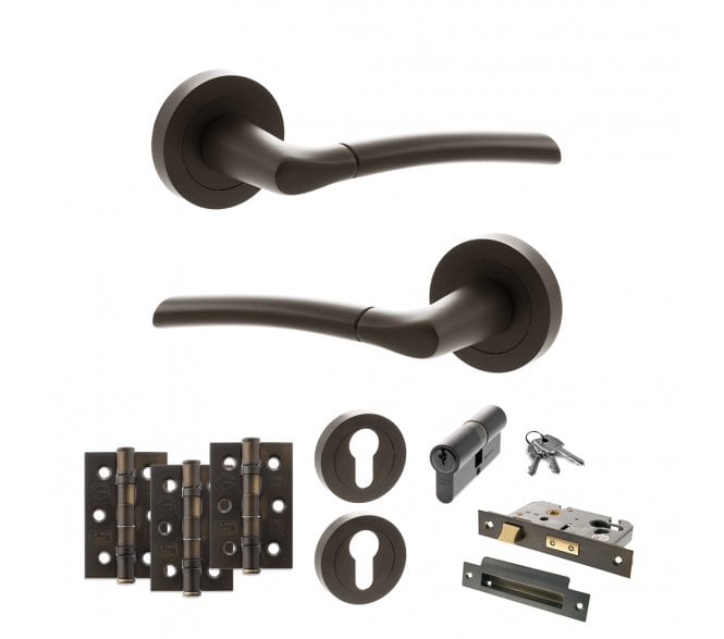 STATUS Indiana Door Handle Euro Profile Lock Pack (3 Ball Bearing Hinges x3) - Urban Dark Bronze