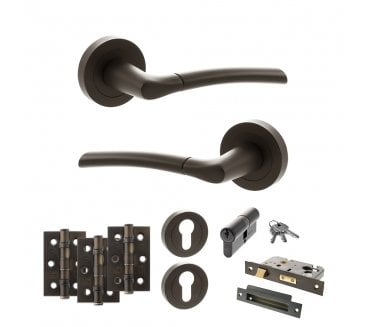 STATUS Indiana Door Handle Euro Profile Lock Pack (3 Ball Bearing Hinges x3) - Urban Dark Bronze