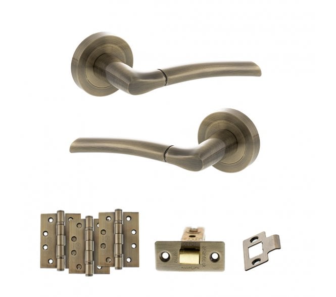 STATUS Indiana Door Handle Latch Pack (4 Fire Rated Hinges x3) - Antique Brass