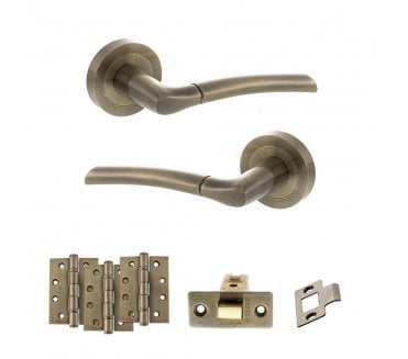 STATUS Indiana Door Handle Latch Pack (4 Fire Rated Hinges x3) - Antique Brass