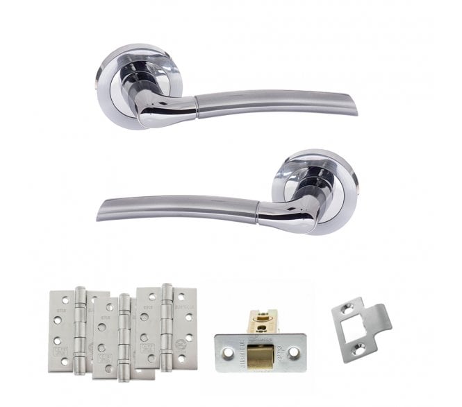 STATUS Indiana Door Handle Latch Pack (4 Fire Rated Hinges x3) - Satin Chrome/Polished Chrome