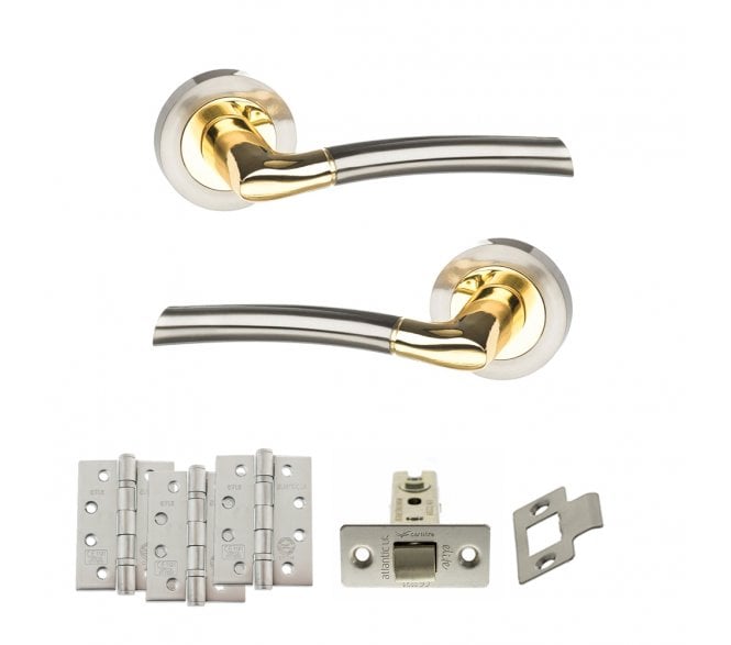 STATUS Indiana Door Handle Latch Pack (4 Fire Rated Hinges x3) - Satin Nickel/Polished Brass