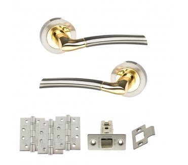 STATUS Indiana Door Handle Latch Pack (4 Fire Rated Hinges x3) - Satin Nickel/Polished Brass