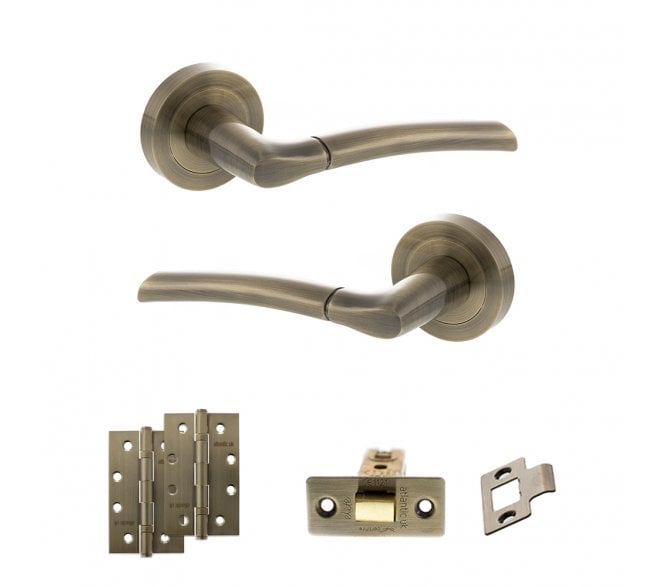 STATUS Indiana Door Handle Latch Pack (4 Slim Knuckle Hinges x2) - Antique Brass